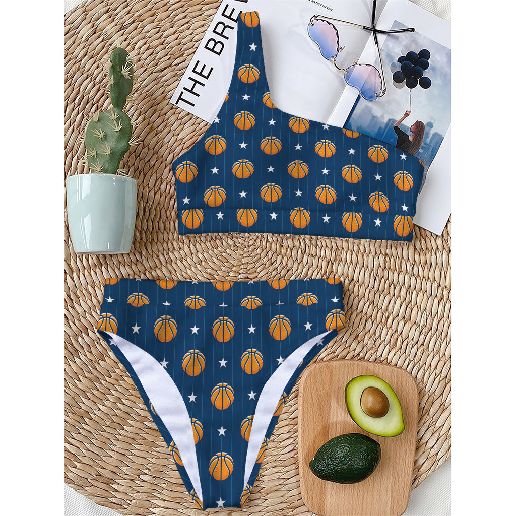 Basketball And Star Pattern Print One Shoulder Bikini Top