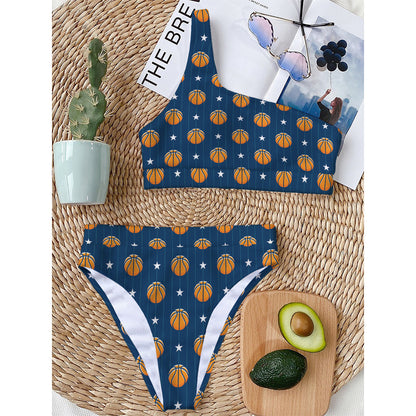 Basketball And Star Pattern Print One Shoulder Bikini Top