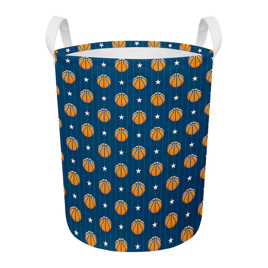 Basketball And Star Pattern Print Round Laundry Basket