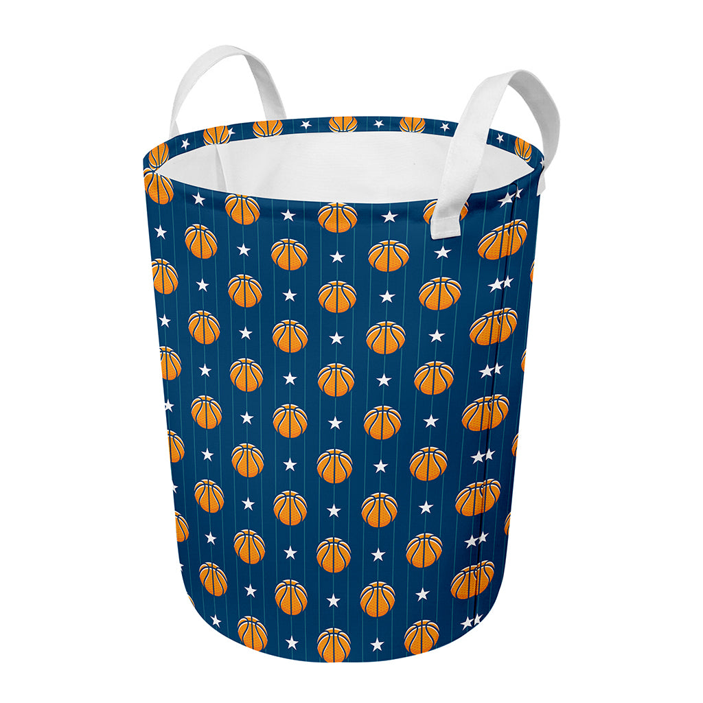 Basketball And Star Pattern Print Round Laundry Basket