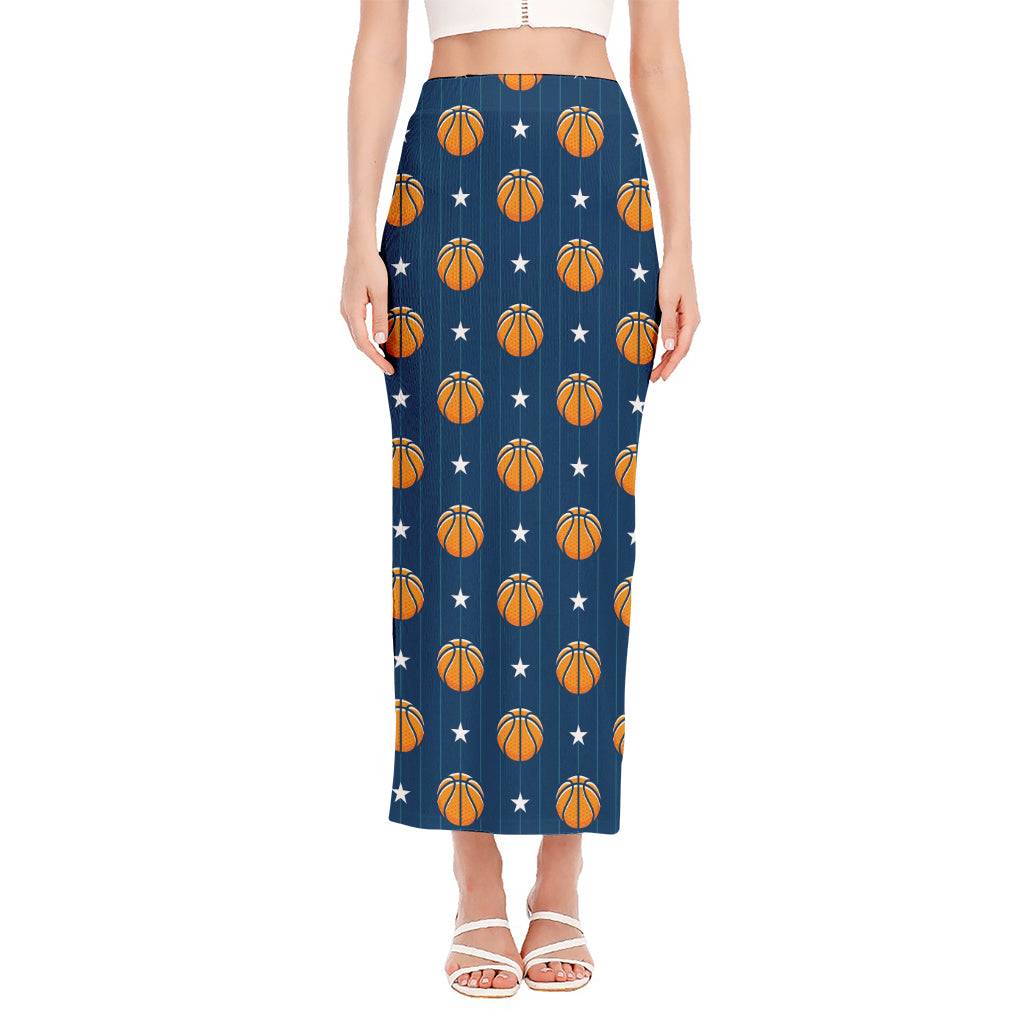 Basketball And Star Pattern Print Side Slit Maxi Skirt