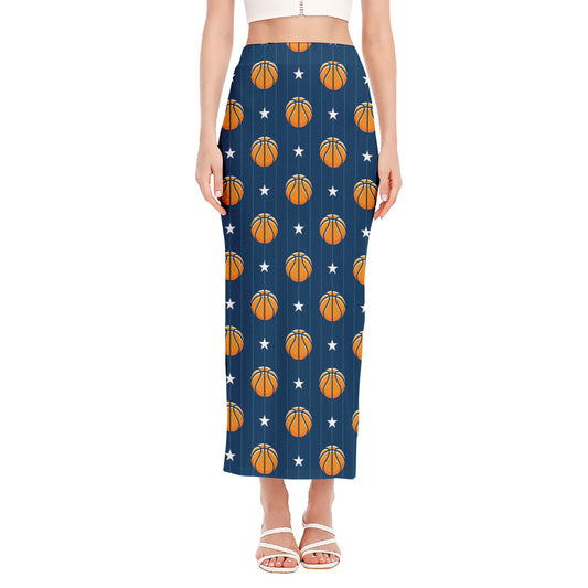 Basketball And Star Pattern Print Side Slit Maxi Skirt