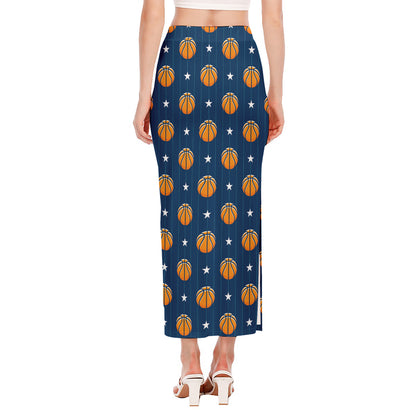 Basketball And Star Pattern Print Side Slit Maxi Skirt