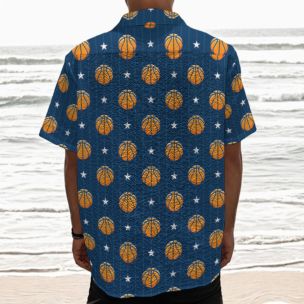 Basketball And Star Pattern Print Textured Short Sleeve Shirt