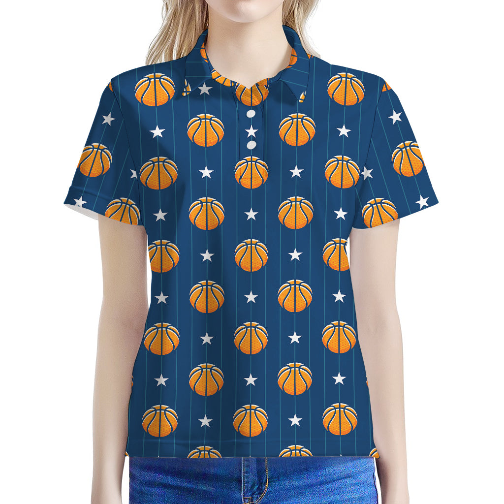 Basketball And Star Pattern Print Women's Polo Shirt