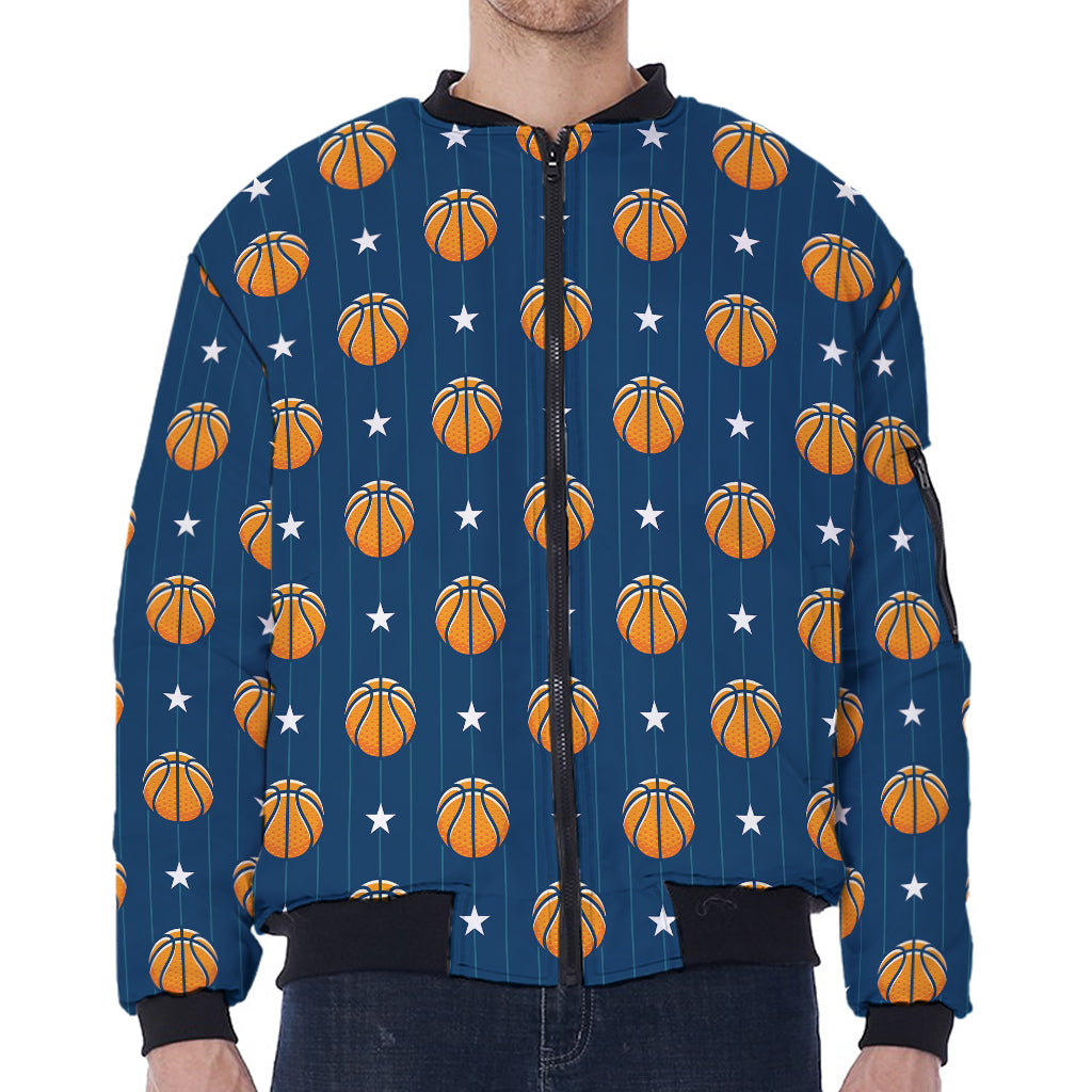 Basketball And Star Pattern Print Zip Sleeve Bomber Jacket