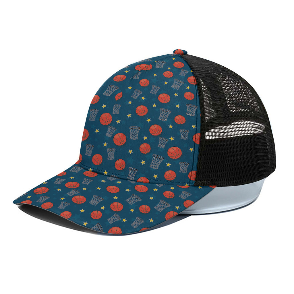 Basketball Theme Pattern Print Black Mesh Trucker Cap