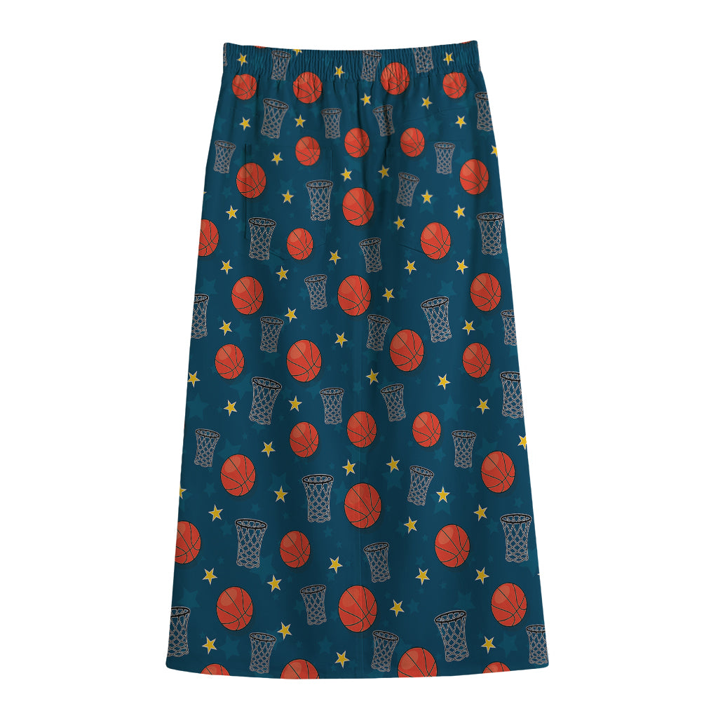 Basketball Theme Pattern Print Cotton Front Slit Maxi Skirt