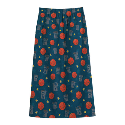 Basketball Theme Pattern Print Cotton Front Slit Maxi Skirt