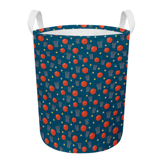 Basketball Theme Pattern Print Round Laundry Basket