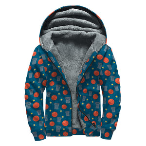 Basketball Theme Pattern Print Sherpa Lined Zip Up Hoodie