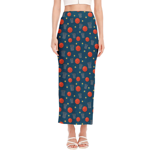 Basketball Theme Pattern Print Side Slit Maxi Skirt
