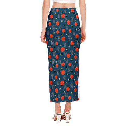 Basketball Theme Pattern Print Side Slit Maxi Skirt