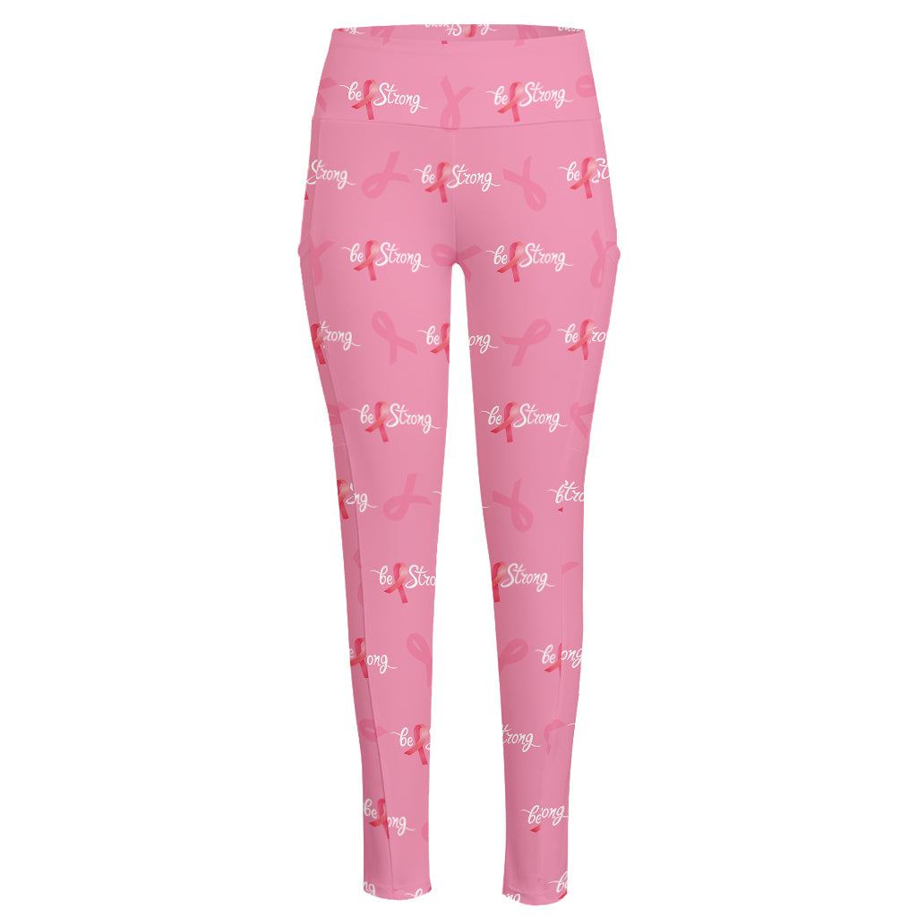 Be Strong Breast Cancer Pattern Print High-Waisted Pocket Leggings