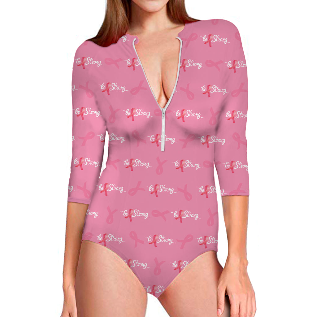 Be Strong Breast Cancer Pattern Print Long Sleeve Swimsuit