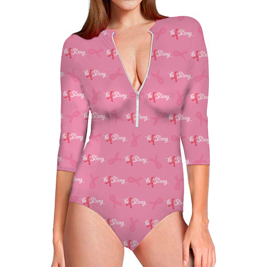 Be Strong Breast Cancer Pattern Print Long Sleeve Swimsuit