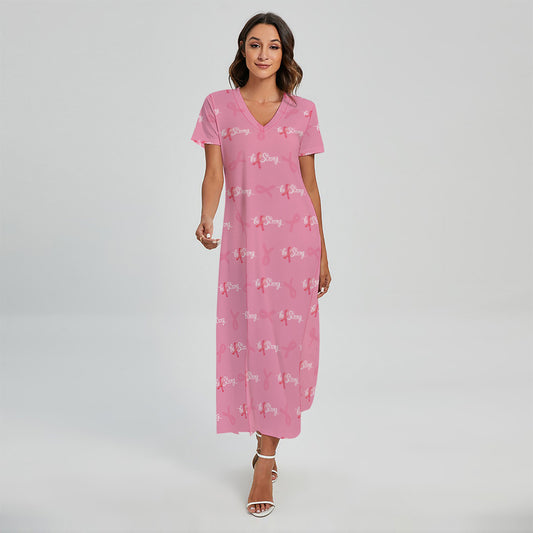 Be Strong Breast Cancer Pattern Print Short Sleeve Maxi Dress