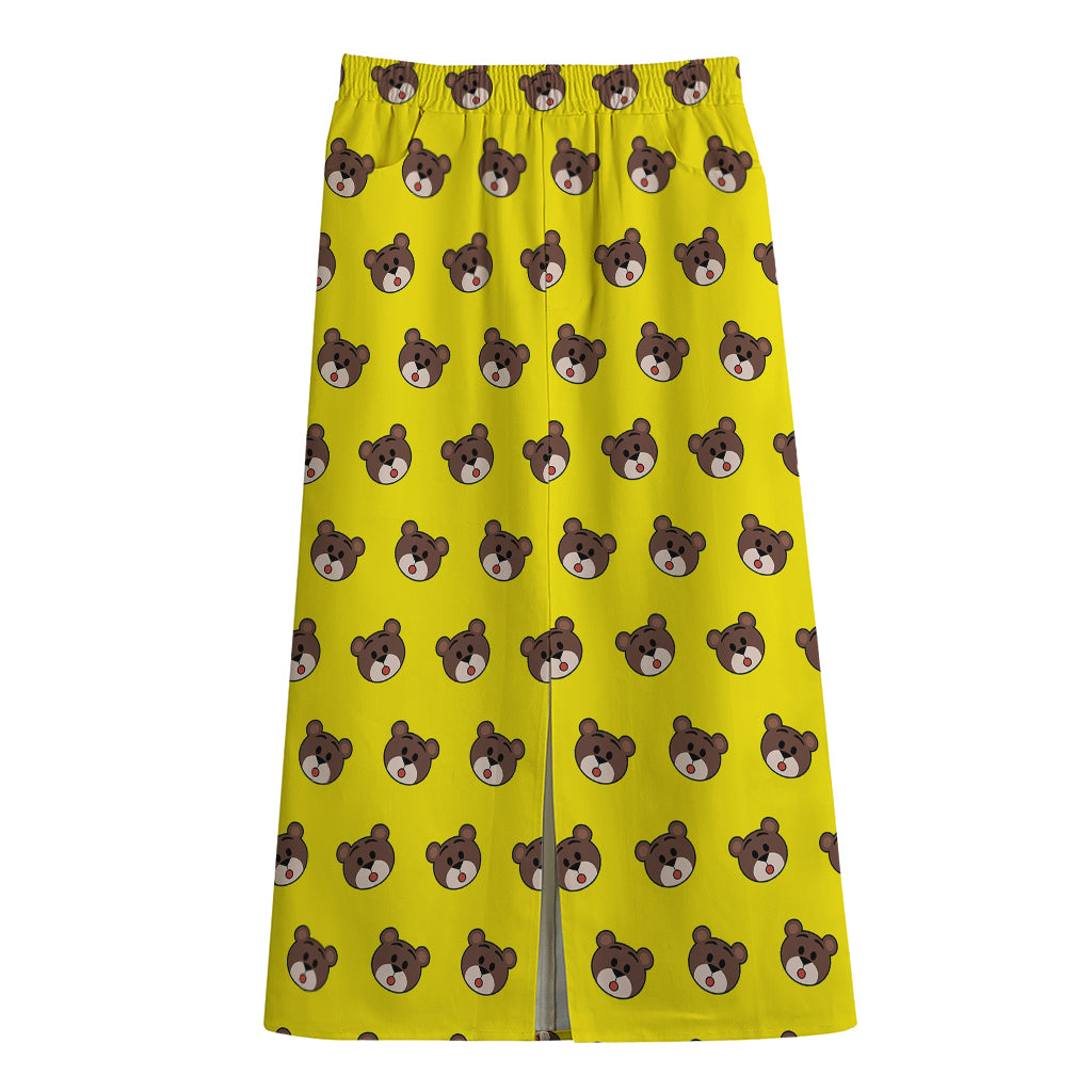 Bear Emoji Pattern Print Cotton Front Slit Maxi Skirt