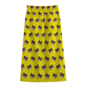 Bear Emoji Pattern Print Cotton Front Slit Maxi Skirt