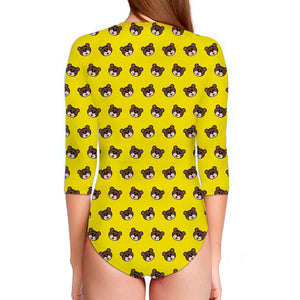 Bear Emoji Pattern Print Long Sleeve Swimsuit