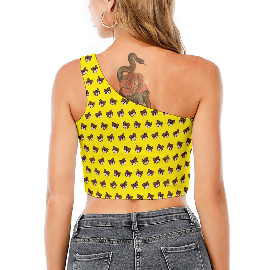 Bear Emoji Pattern Print One Shoulder Crop Top