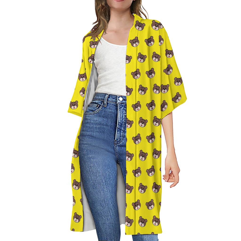 Bear Emoji Pattern Print Open Front Beach Cover Up