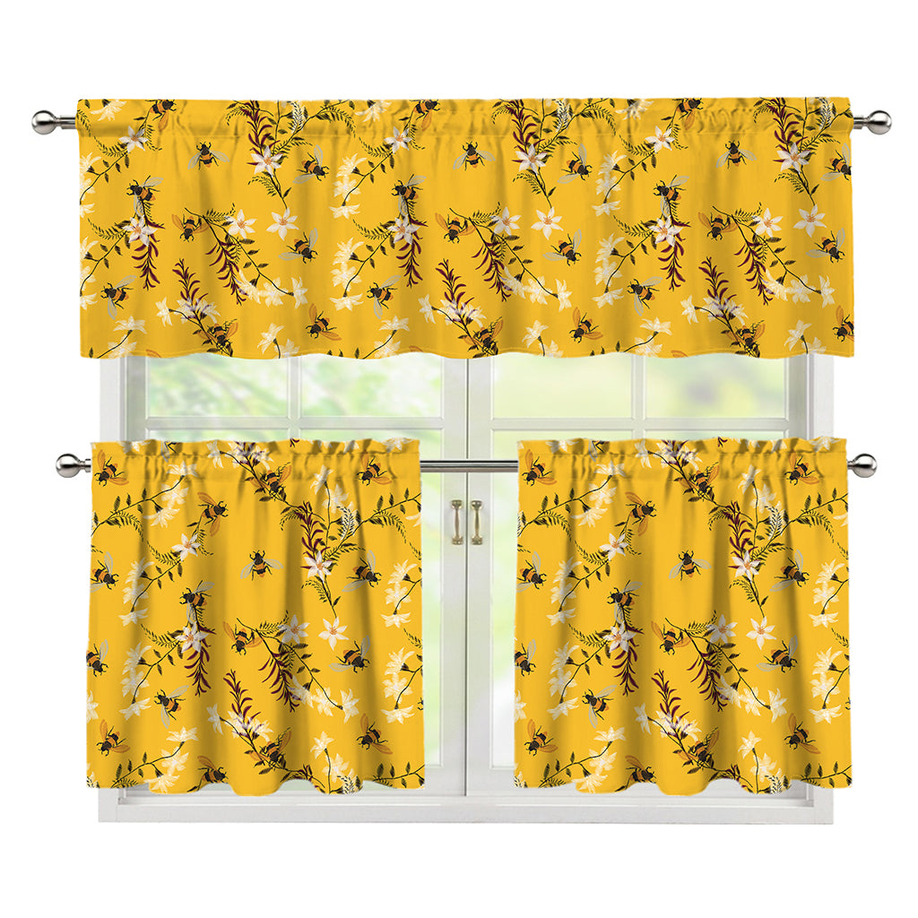 Bee Drawing Pattern Print 3 Piece Kitchen Curtains