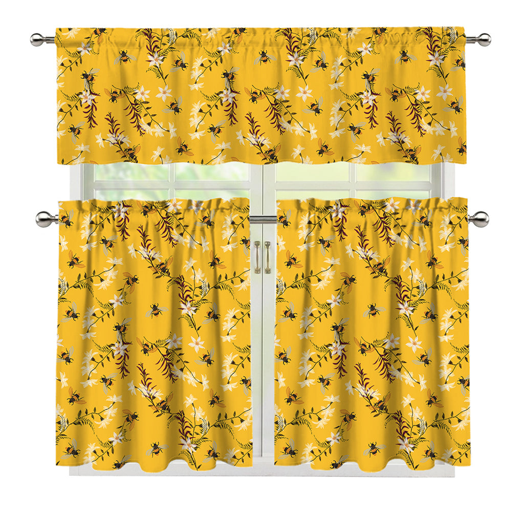 Bee Drawing Pattern Print 3 Piece Kitchen Curtains