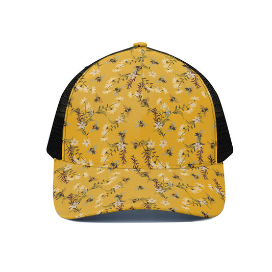 Bee Drawing Pattern Print Black Mesh Trucker Cap