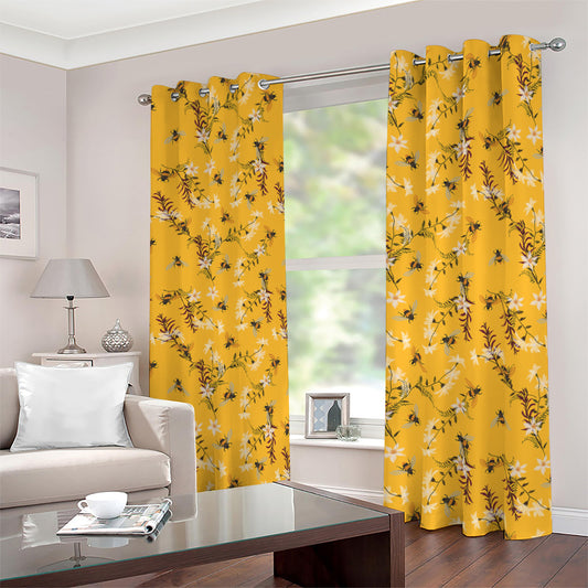 Bee Drawing Pattern Print Blackout Grommet Curtains