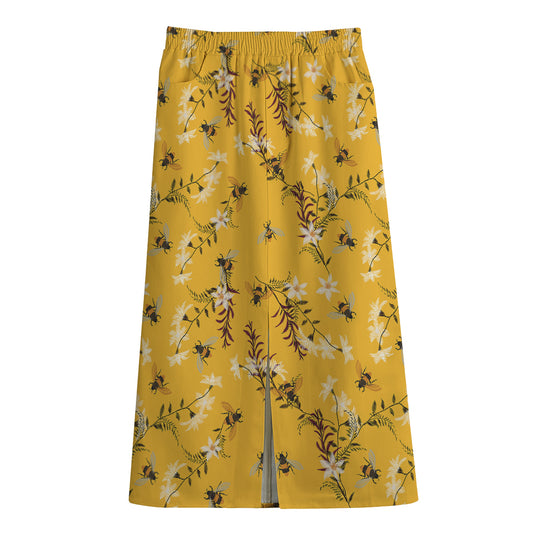 Bee Drawing Pattern Print Cotton Front Slit Maxi Skirt
