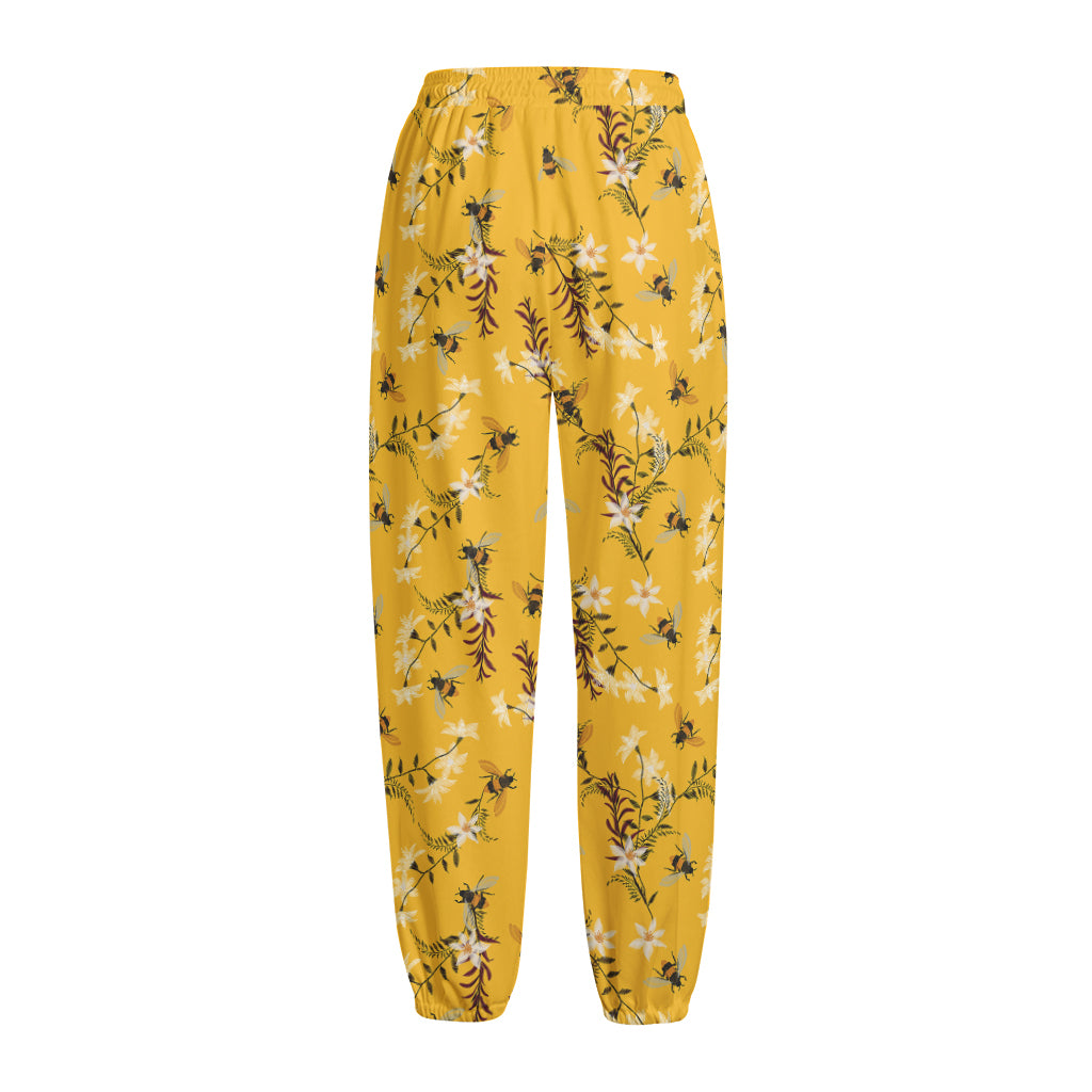 Bee Drawing Pattern Print Fleece Lined Knit Pants