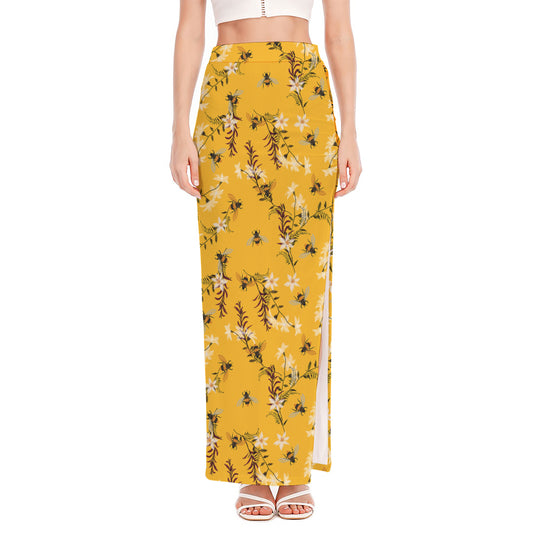 Bee Drawing Pattern Print High Slit Maxi Skirt