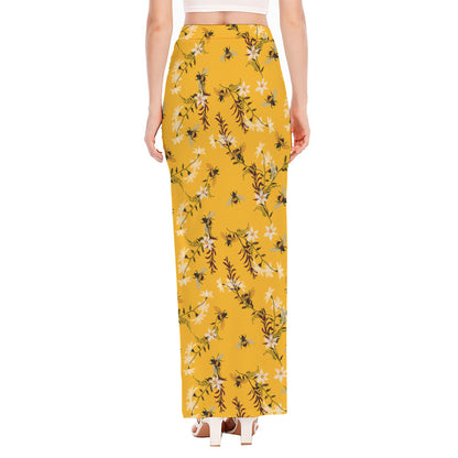 Bee Drawing Pattern Print High Slit Maxi Skirt