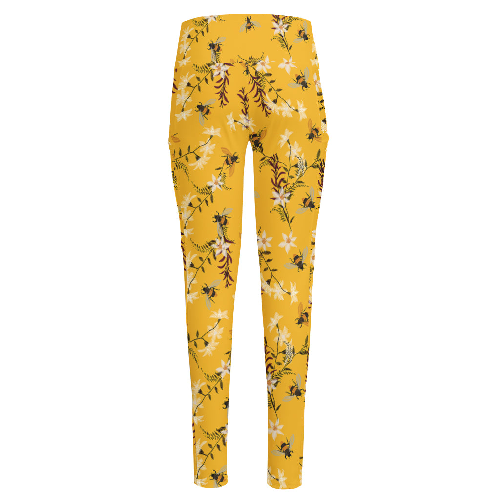 Bee Drawing Pattern Print High-Waisted Pocket Leggings