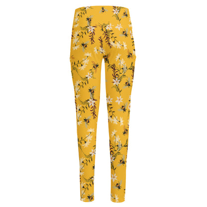 Bee Drawing Pattern Print High-Waisted Pocket Leggings