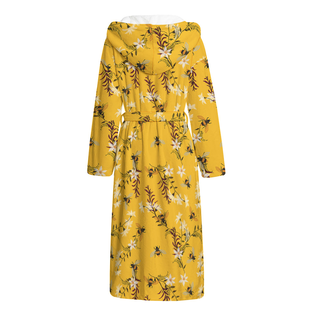 Bee Drawing Pattern Print Hooded Bathrobe