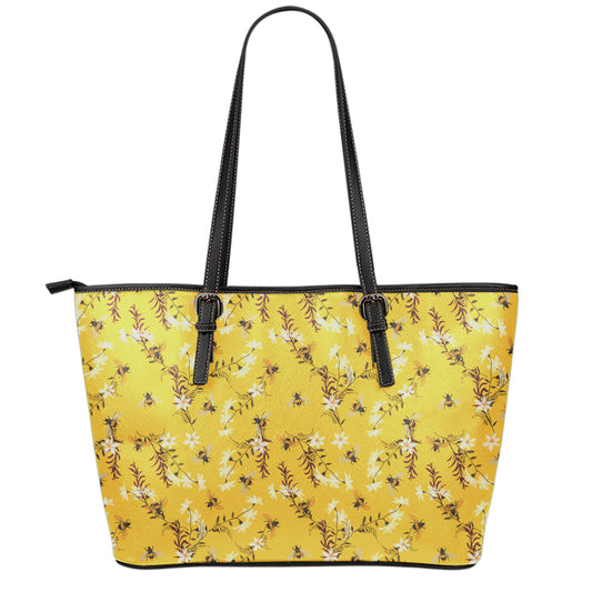 Bee Drawing Pattern Print Leather Tote Bag