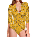 Bee Drawing Pattern Print Long Sleeve Swimsuit