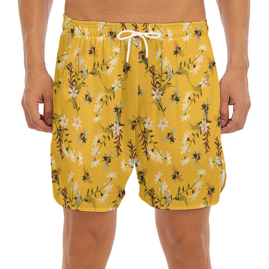 Bee Drawing Pattern Print Men's Split Running Shorts