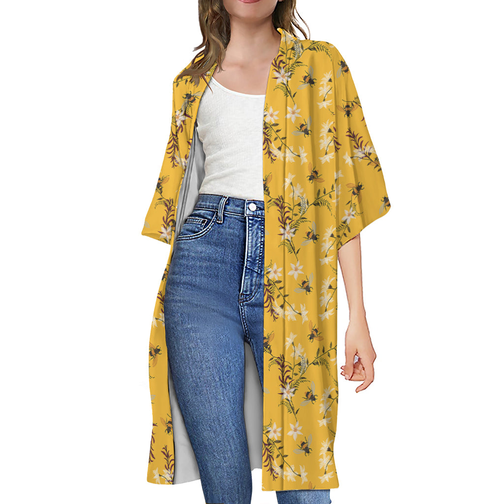 Bee Drawing Pattern Print Open Front Beach Cover Up