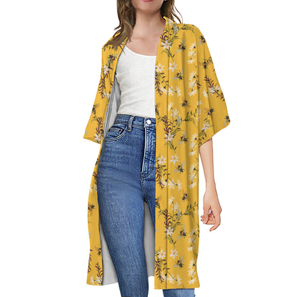 Bee Drawing Pattern Print Open Front Beach Cover Up