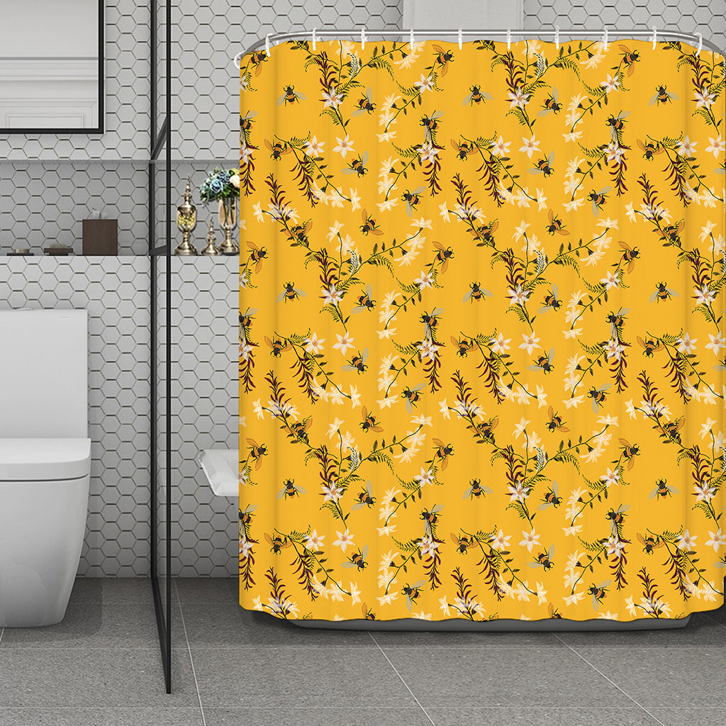 Bee Drawing Pattern Print Polyester Shower Curtain