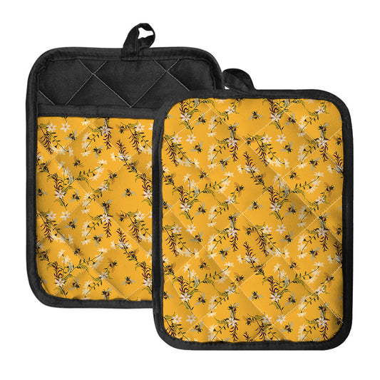 Bee Drawing Pattern Print Pot Holders With Pocket