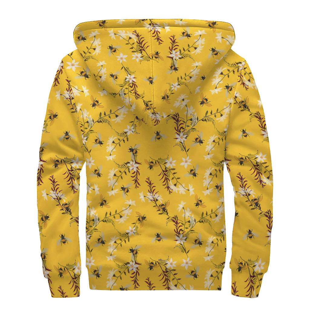 Bee Drawing Pattern Print Sherpa Lined Zip Up Hoodie