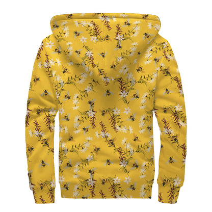 Bee Drawing Pattern Print Sherpa Lined Zip Up Hoodie