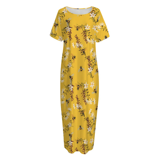 Bee Drawing Pattern Print Short Sleeve Long Nightdress