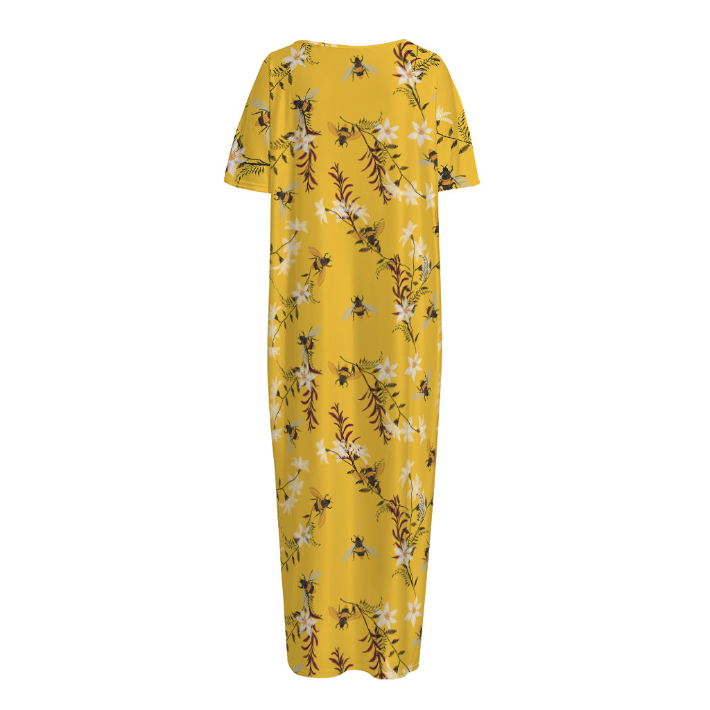 Bee Drawing Pattern Print Short Sleeve Long Nightdress