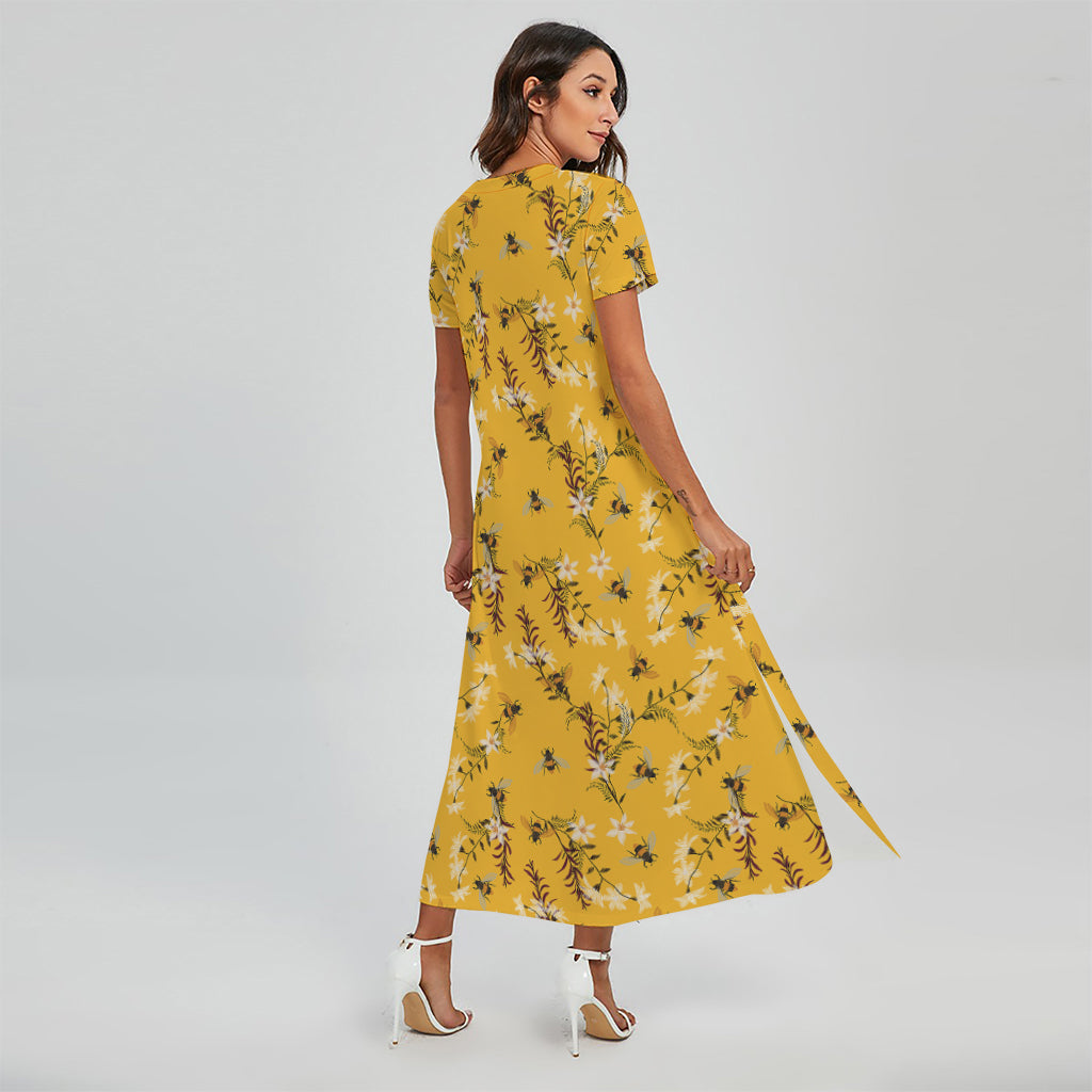 Bee Drawing Pattern Print Short Sleeve Maxi Dress