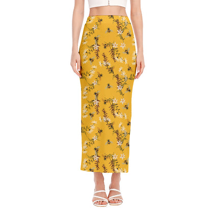 Bee Drawing Pattern Print Side Slit Maxi Skirt